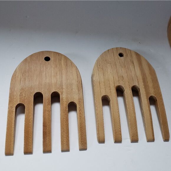 Wood Salad Bowl w/Salad Hands believed to be Bamboo - Picture 3 of 12